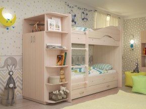 Кровать 2-х ярусная Мая с ящиками и шкафом на латофлексах млечный дуб в Красноуфимске - krasnoufimsk.magazinmebel.ru | фото - изображение 1